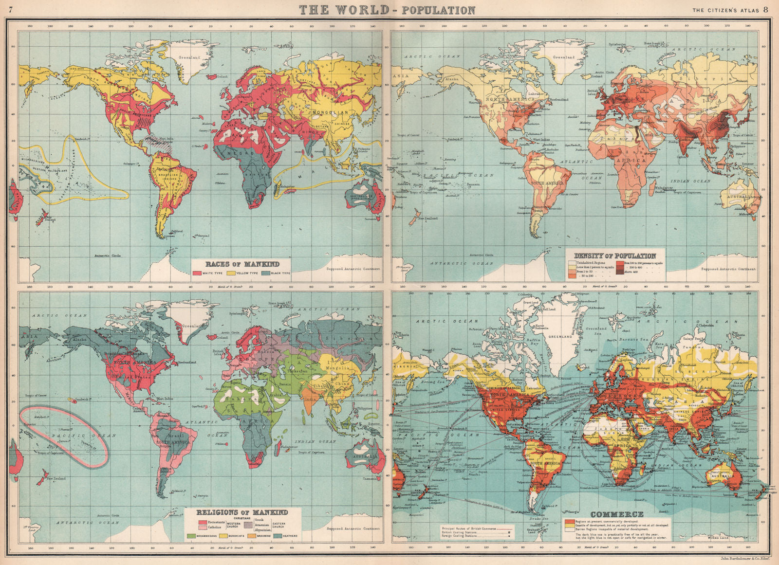 WORLD POPULATION. Races Density Religions Commerce coaling stations 1912 map